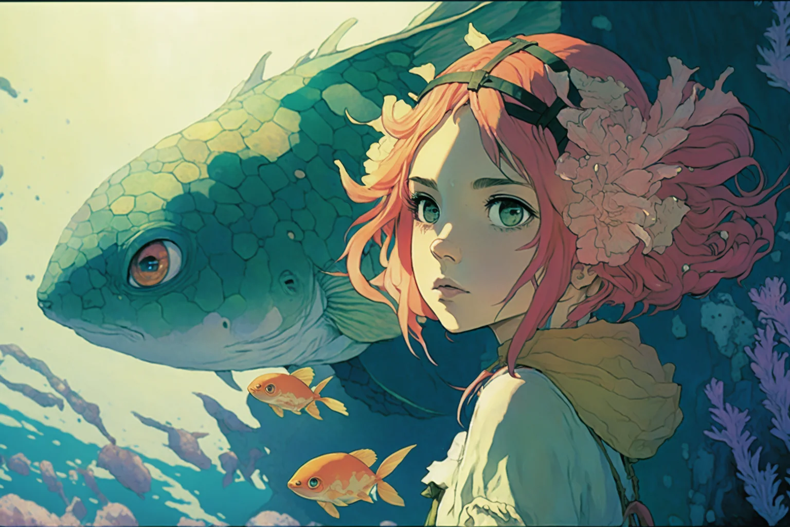 AI generated GhibliFantasy colorful flowers in magical meadow